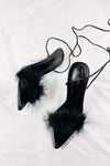 Black Faux Fur Lace Up Clear Perspex Stiletto Heels