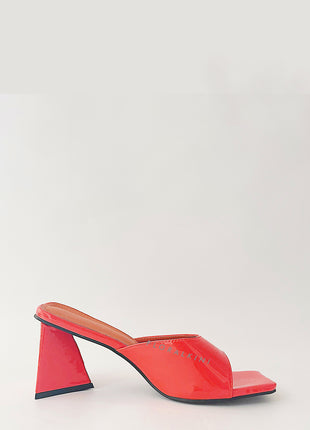 Orange Patent Square Peep Toe Sculptured Flared Block Heel Mules