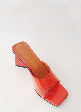 Orange Patent Square Peep Toe Sculptured Flared Block Heel Mules