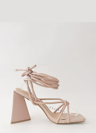 Nude Faux Leather Knotted Detail Lace Up Square Toe Sculptured Flared Block Heels
