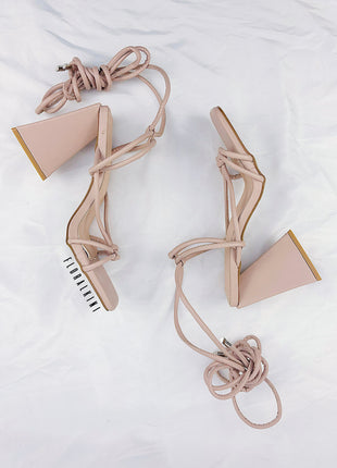 Nude Faux Leather Knotted Detail Lace Up Square Toe Sculptured Flared Block Heels