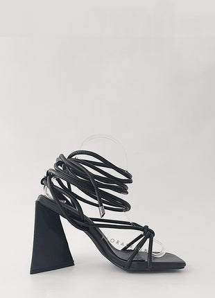 Black Faux Leather Knotted Detail Lace Up Square Toe Sculptured Flared Block Heels