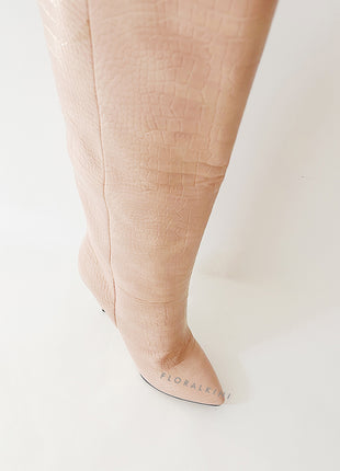 Pink Crocodile-Effect Knee High Pointed Stiletto Heel Boots