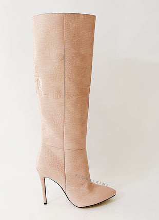 Pink Crocodile-Effect Knee High Pointed Stiletto Heel Boots