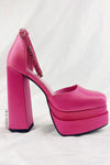 Hot Pink Satin Patent Square Closed Toe Statement Double Platform Block Heel Boots