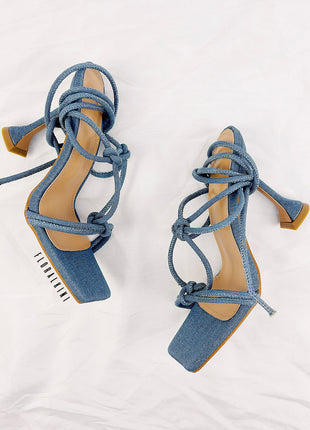 Denim Lace Up Square Toe Sculptured Heel