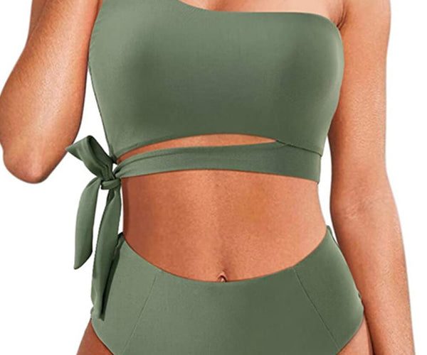 Green One Shoulder Tie Side Bikini Top