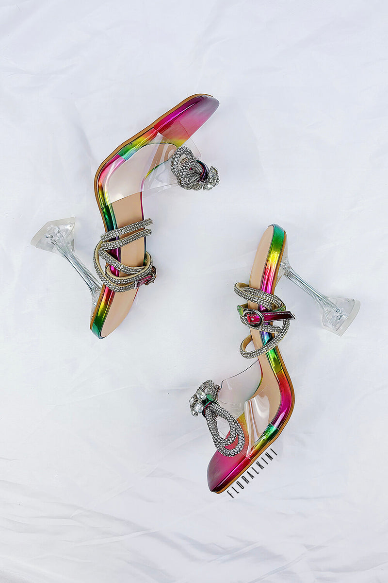 Rainbow Patent Diamante Bow Detail Square Toe Clear Perspex Heel