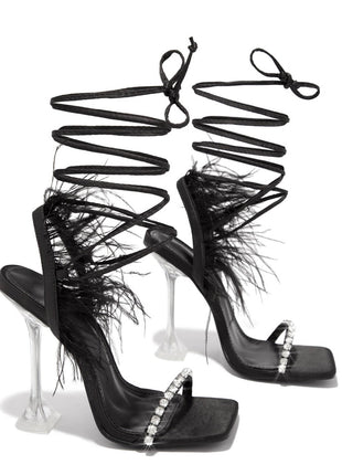 Black Lace Up Diamante Faux Feather Fur Clear Perspex Sculptured Heels