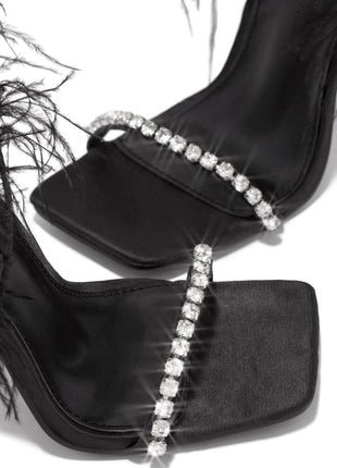 Black Lace Up Diamante Faux Feather Fur Clear Perspex Sculptured Heels