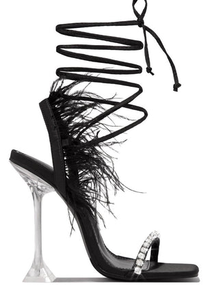 Black Lace Up Diamante Faux Feather Fur Clear Perspex Sculptured Heels