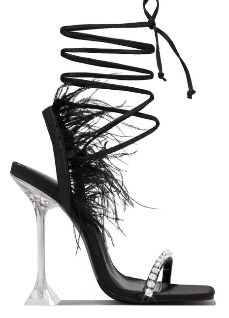 Black Lace Up Diamante Faux Feather Fur Clear Perspex Sculptured Heels