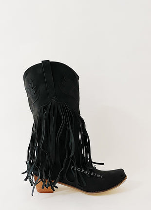 Black Faux Suede Fringe Pointed Toe Western Mid Calf Block Heel Ankle Boots