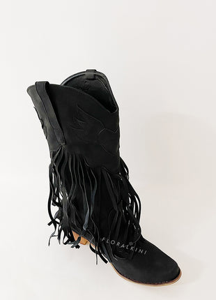 Black Faux Suede Fringe Pointed Toe Western Mid Calf Block Heel Ankle Boots
