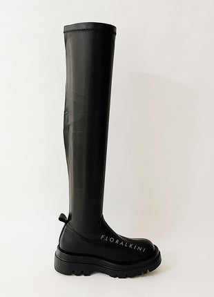 Black Faux Leather Over The Knee Thigh High Long Biker Boot