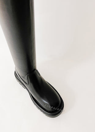 Black Faux Leather Over The Knee Thigh High Long Biker Boot