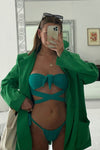 Double Front Tie Bandeau Ruched Brazilian Bikini Set - Green/Pink/Black/Chocolate/Blue