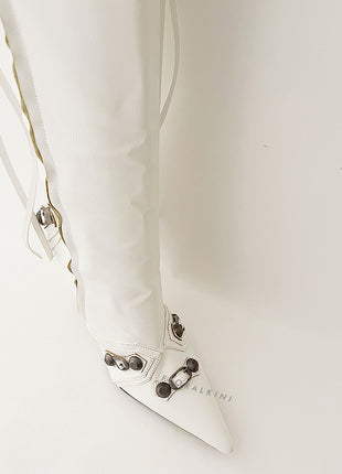 Calf High Pointed Toe Stiletto Boots With Studs And Pin Buckle Strap Details - White