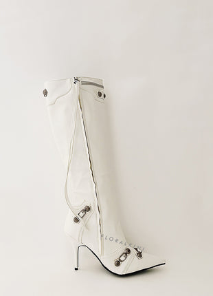 Calf High Pointed Toe Stiletto Boots With Studs And Pin Buckle Strap Details - White
