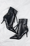 Pointed Toe Ankle Stiletto Boots With Studs And Pin Buckle Strap Details - Black