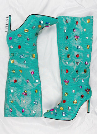Green Sequined Pointed Toe Stiletto Heel Over The Knee Boots