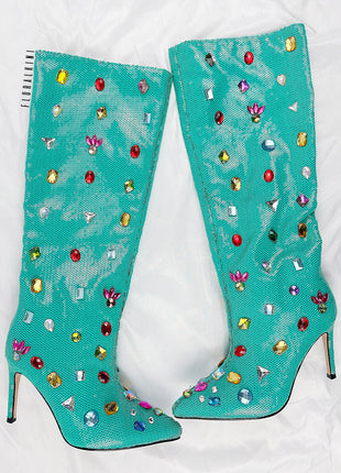 Green Sequined Pointed Toe Stiletto Heel Over The Knee Boots