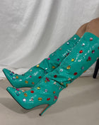 Green Sequined Pointed Toe Stiletto Heel Over The Knee Boots