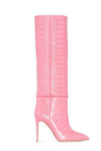 Croc-Effect Faux Leather Pointed Toe Stiletto Heel Knee High Boots - Pink