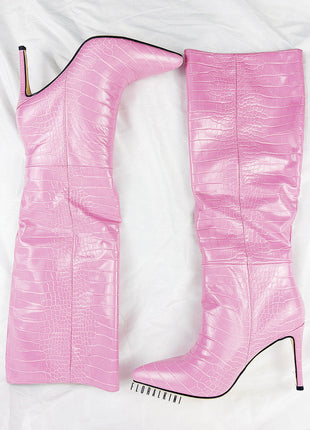 Croc-Effect Faux Leather Pointed Toe Stiletto Heel Knee High Boots - Pink