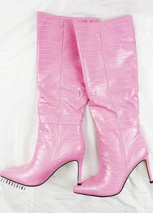 Croc-Effect Faux Leather Pointed Toe Stiletto Heel Knee High Boots - Pink