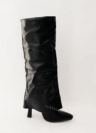 Faux Leather Wide Fit Folded Over Heeled Knee High Long Boots - Black/White