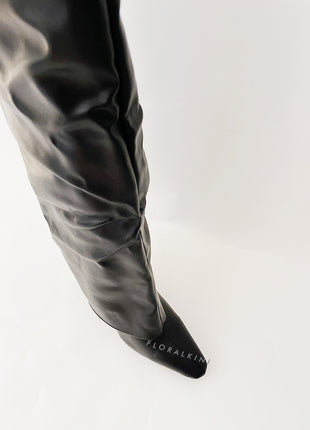 Faux Leather Wide Fit Folded Over Heeled Knee High Long Boots - Black/White