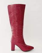 Croc-Effect Faux Leather Pointed Toe Block Heel Knee-High Boots - Burgundy