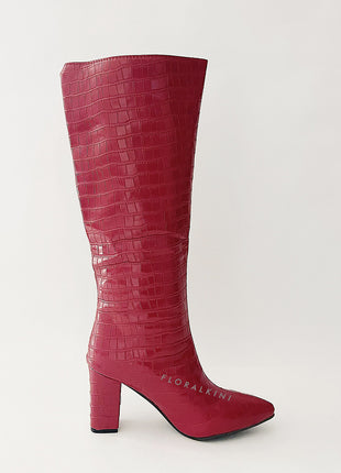 Croc-Effect Faux Leather Pointed Toe Block Heel Knee-High Boots - Burgundy