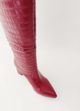 Croc-Effect Faux Leather Pointed Toe Block Heel Knee-High Boots - Burgundy