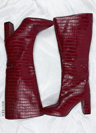 Croc-Effect Faux Leather Pointed Toe Block Heel Knee-High Boots - Burgundy