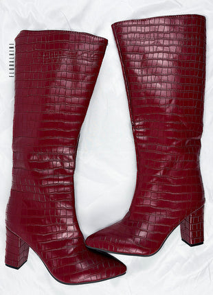 Croc-Effect Faux Leather Pointed Toe Block Heel Knee-High Boots - Burgundy