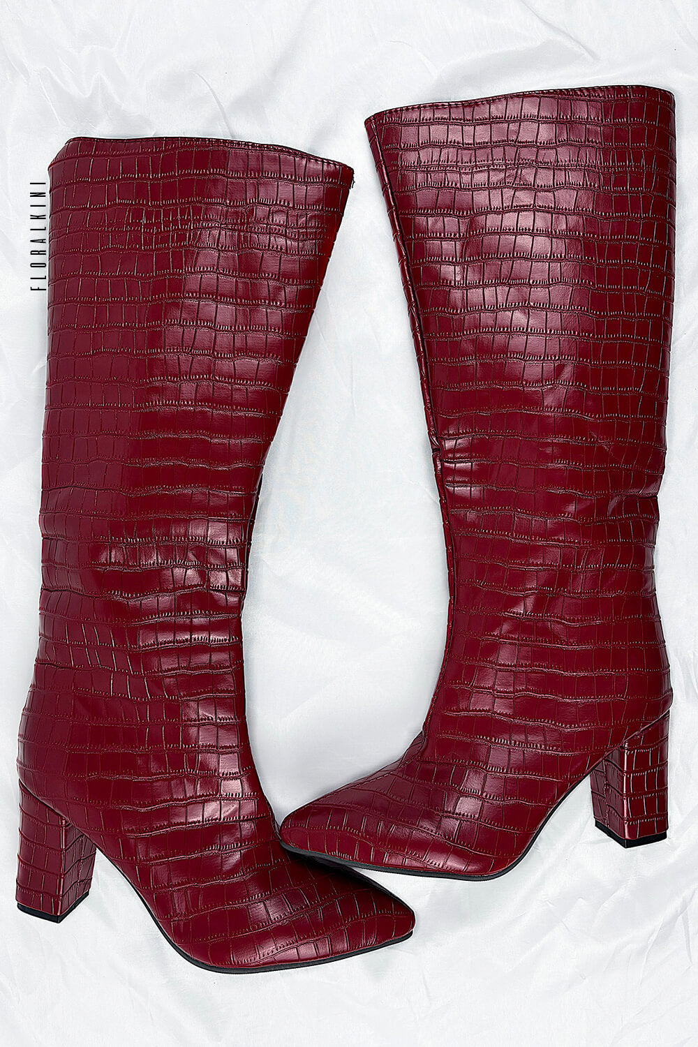 Croc-Effect Faux Leather Pointed Toe Block Heel Knee-High Boots - Burgundy