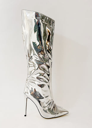 Metallic Finish Knee-High Pointed Toe Stiletto Boots - Silver