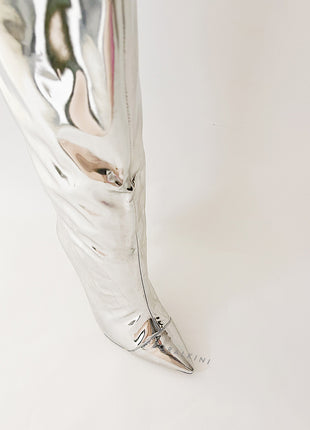 Metallic Finish Knee-High Pointed Toe Stiletto Boots - Silver