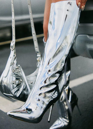 Metallic Finish Knee-High Pointed Toe Stiletto Boots - Silver