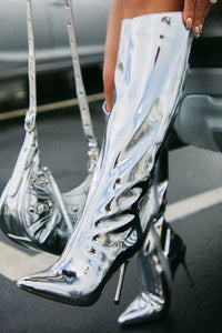 Metallic Finish Knee-High Pointed Toe Stiletto Boots - Silver