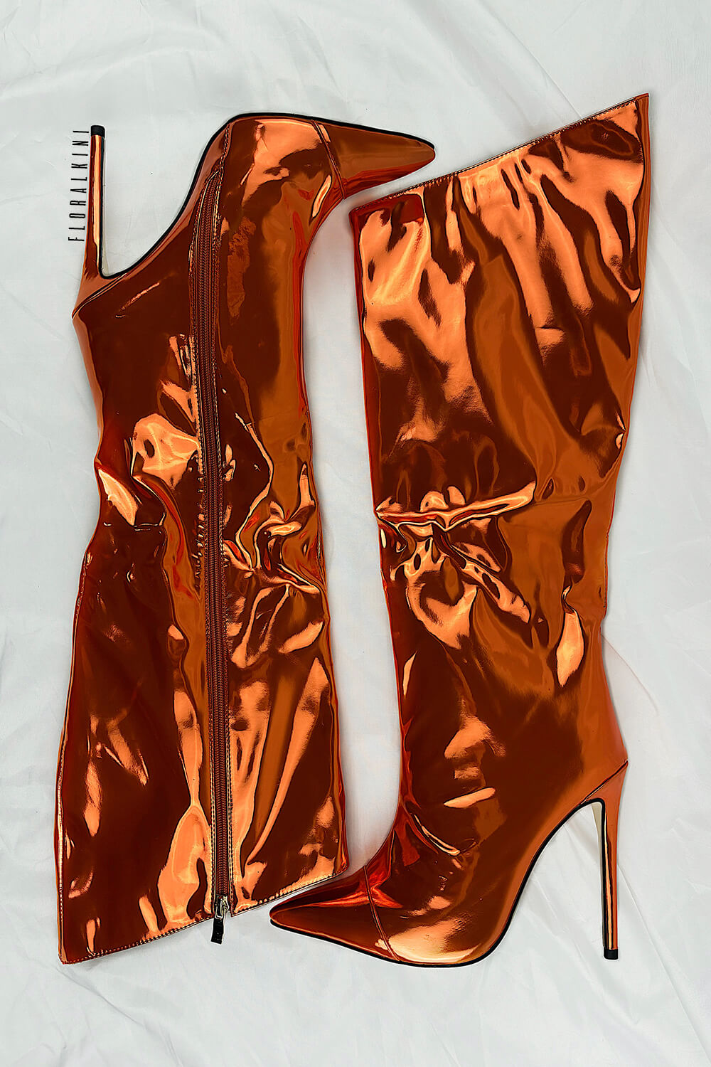 Metallic Finish Knee-High Pointed Toe Stiletto Boots - Orange