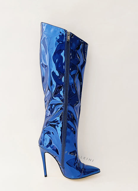 Metallic Finish Knee-High Pointed Toe Stiletto Boots - Dark Blue