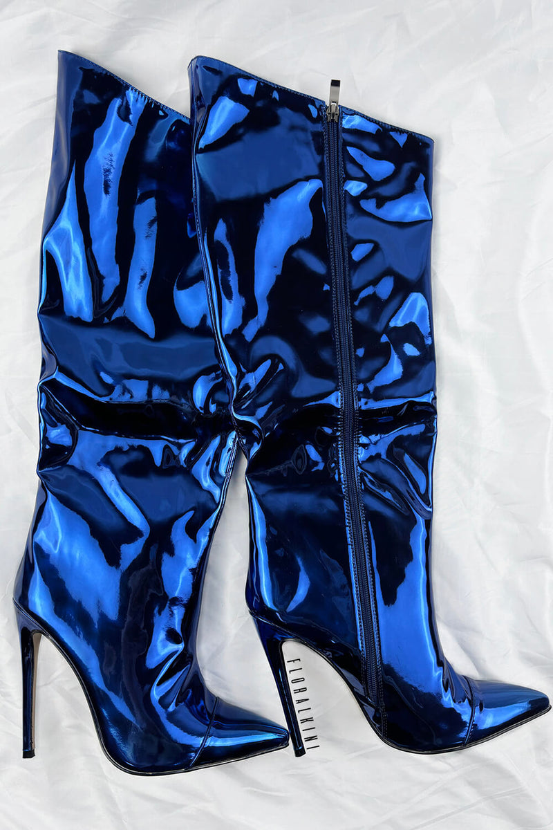 Metallic Finish Knee-High Pointed Toe Stiletto Boots - Dark Blue