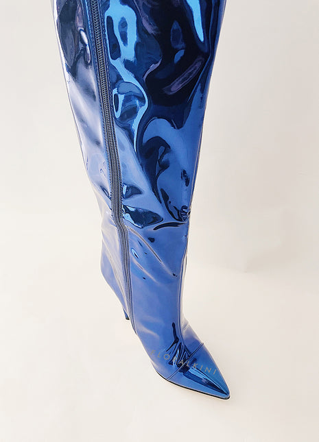 Metallic Finish Knee-High Pointed Toe Stiletto Boots - Dark Blue