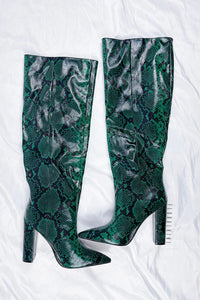 Python Effect Knee High Boots - Green