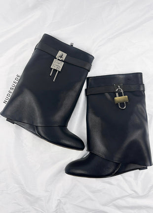 Faux Leather Padlock Detail Folded Wedge Heel Ankle Boots - Black