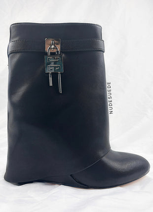 Faux Leather Padlock Detail Folded Wedge Heel Ankle Boots - Black