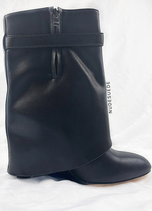 Faux Leather Padlock Detail Folded Wedge Heel Ankle Boots - Black